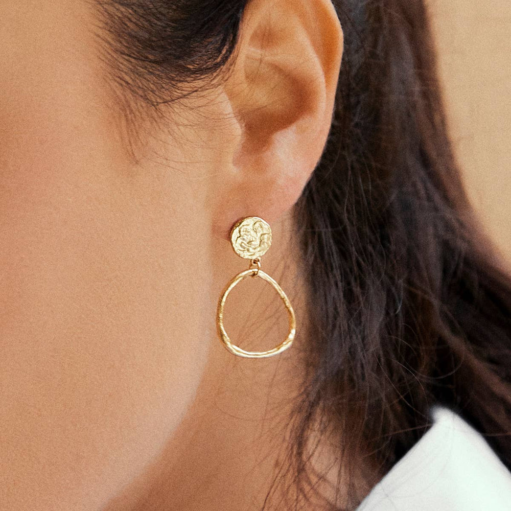 Pair of gold earrings on a white background