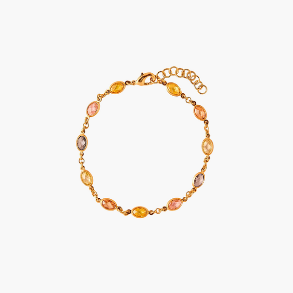 Gold bracelet with multicolored beads on a white background