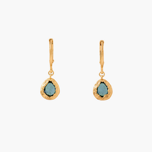 Gold earrings with green gemstones on a white background