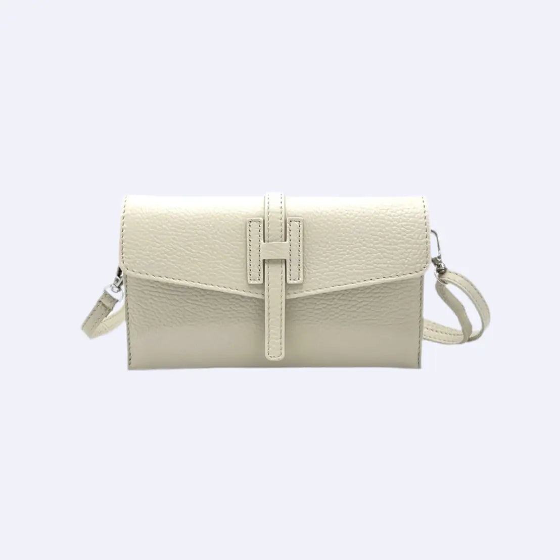 Compact beige leather clutch bag with a sophisticated silhouette for effortless everyday and evening style