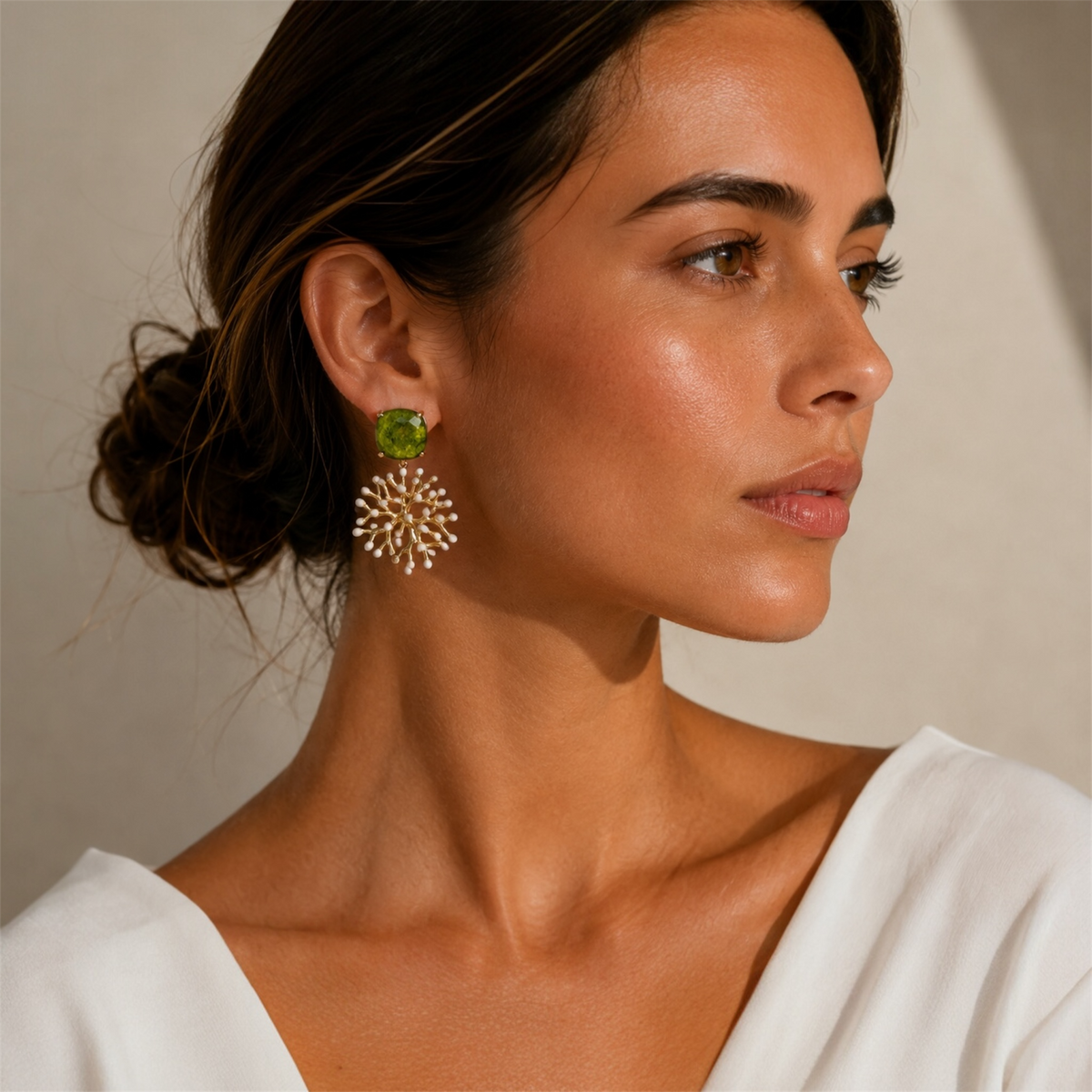 Elegant Alga olive green statement earrings featuring a distinctive handmade design