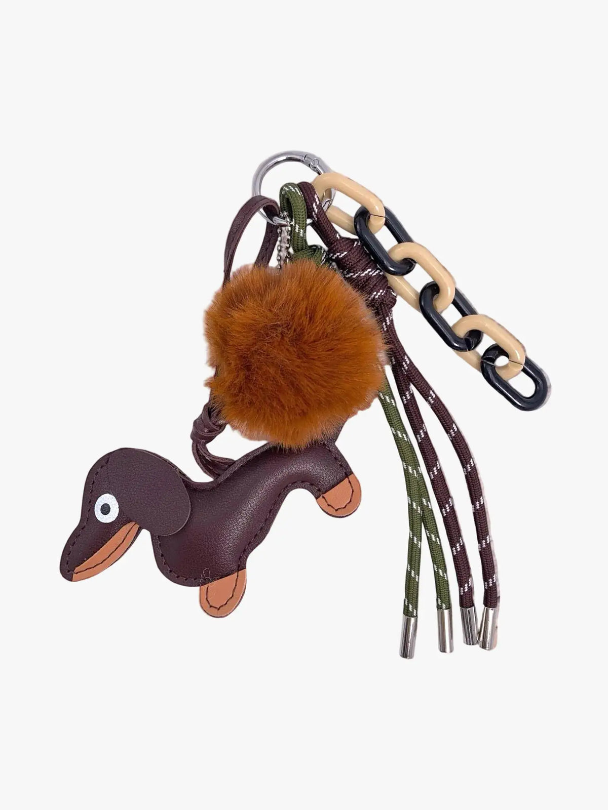 Fluffy puppy bag charm featuring a cute plush dog design for playful everyday bag styling