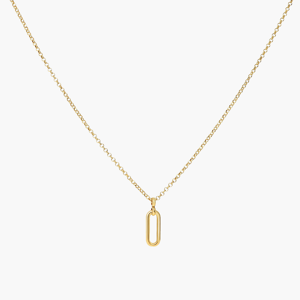 Gold necklace with a unique pendant on a white background