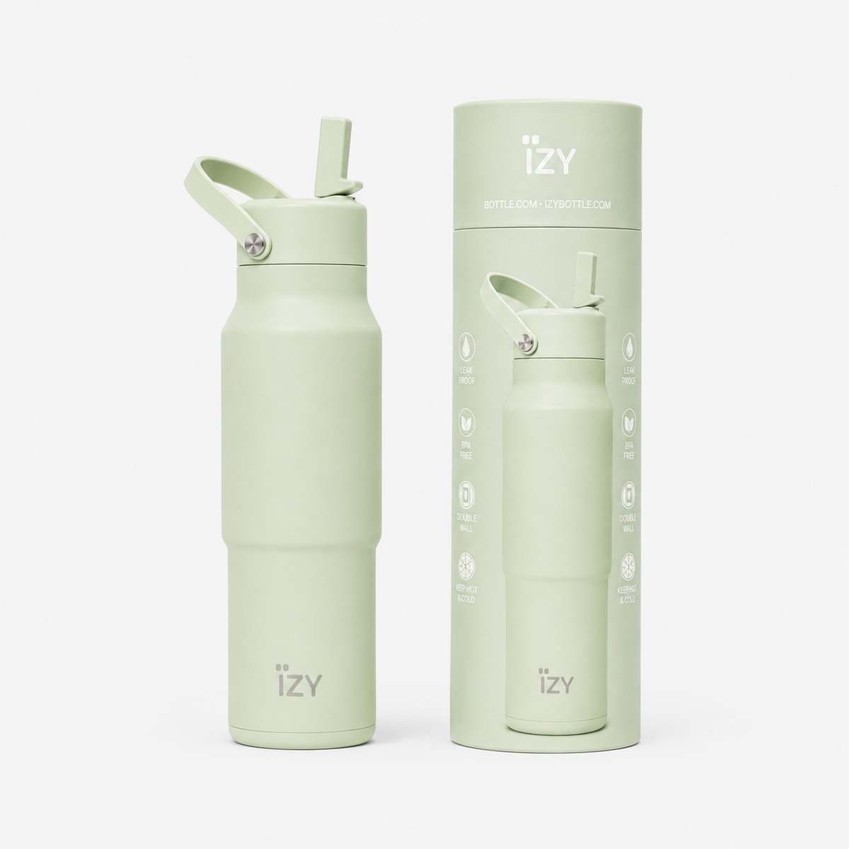 IZY soft pistachio green insulated water bottle designed for reusable hydration at home, work and while travelling
