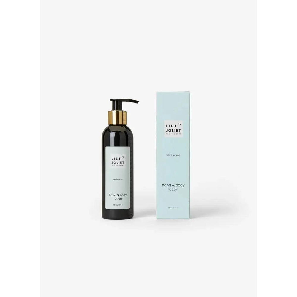 Liet & Joliet White Fortune Hand & Body Lotion, soothing lotus and citrus scent, 243g bottle.