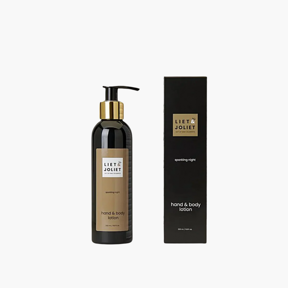 Liet & Joliet Sparkling Night Hand & Body Lotion bottle next to its packaging, 200ml size.