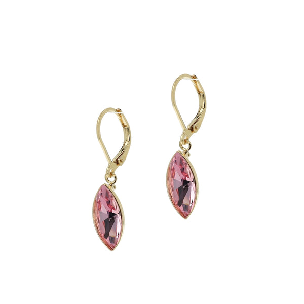 Gold earrings with pink gemstones on a white background
