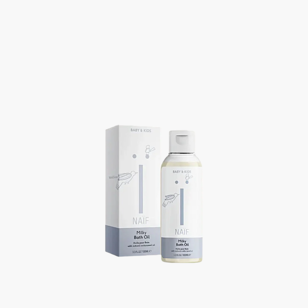 Naïf Milky Bath Oil for Baby & Kids, vegan bath oil with natural ingredients, 100ml bottle and packaging.