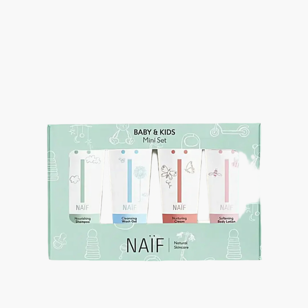 Naïf Mini Bathing Set with 4 travel-size products, ideal for maternity gift