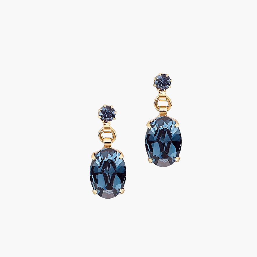 Pair of earrings with blue gemstones on a white background