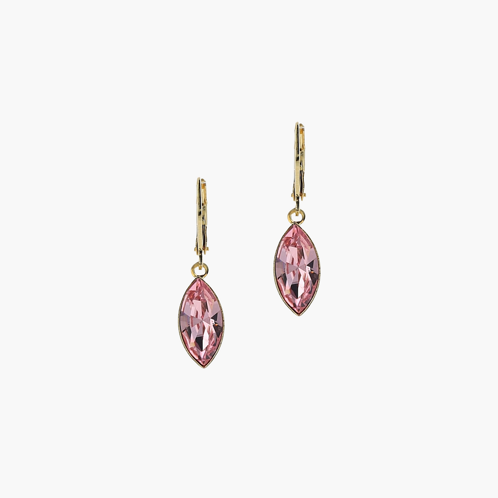 Pink crystal earrings with gold hooks on a white background