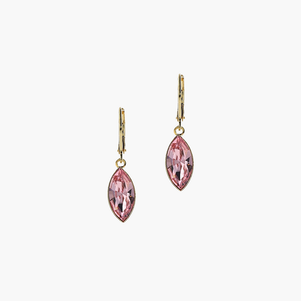 Pink crystal earrings with gold hooks on a white background