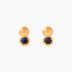 Gold earrings with dark gemstones on a white background