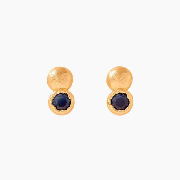 Gold earrings with dark gemstones on a white background