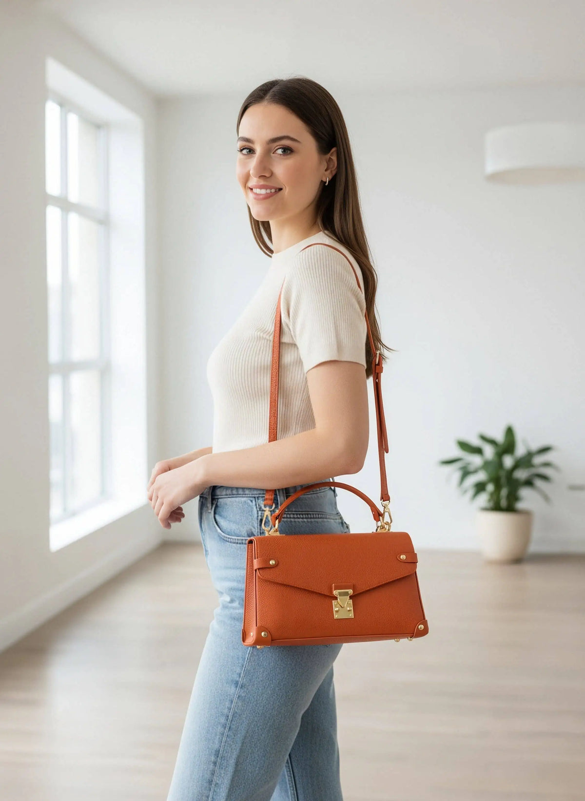 Premium orange genuine leather shoulder bag featuring an elegant design for stylish everyday and occasion wear