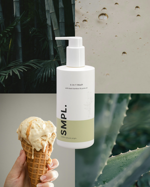 SMPL bottle with a hand holding an ice cream cone against a natural background