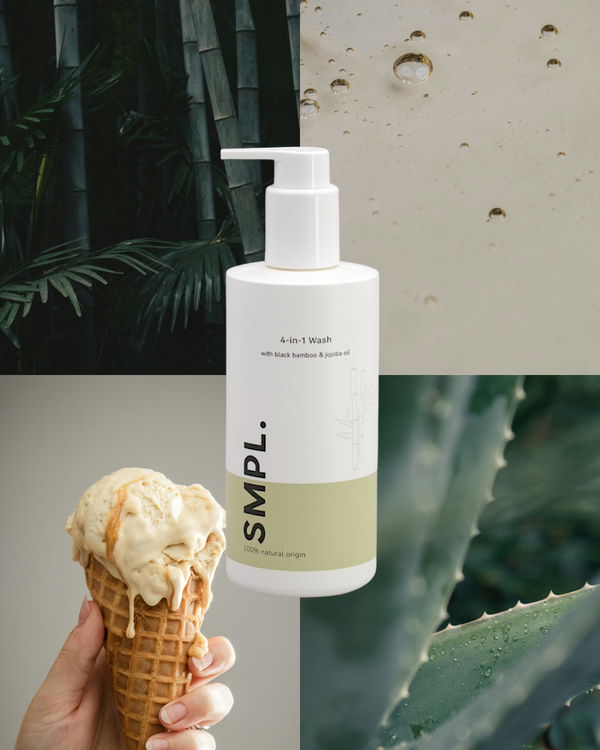 SMPL bottle with a hand holding an ice cream cone against a natural background