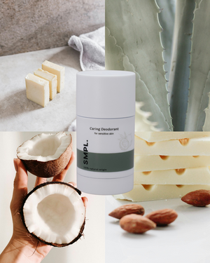 Cylindrical deodorant SMPL skincare  container with a white label on a white background-lievkaart