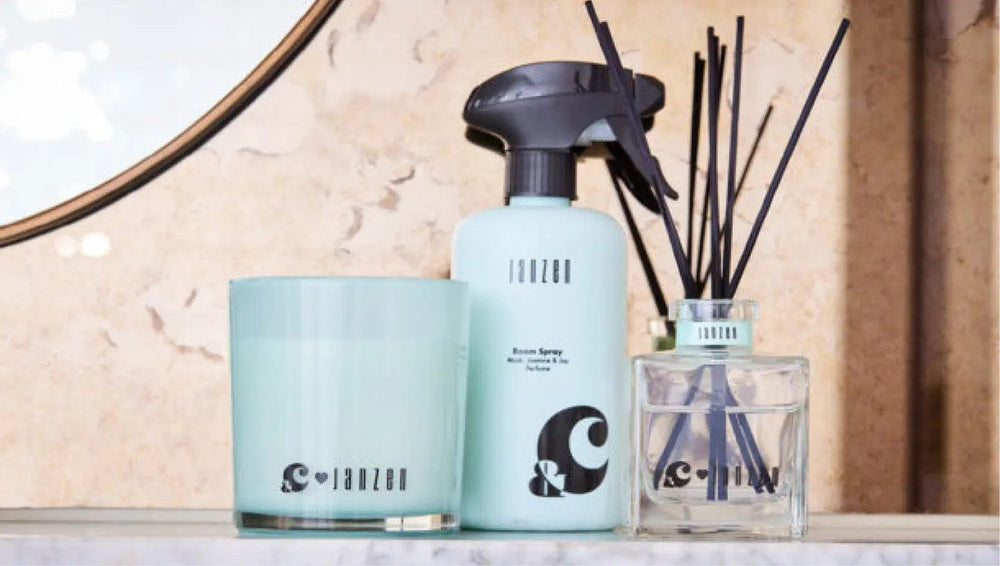 Janzen Room Spray &C Musk Jasmine & Joy bottle on white background.