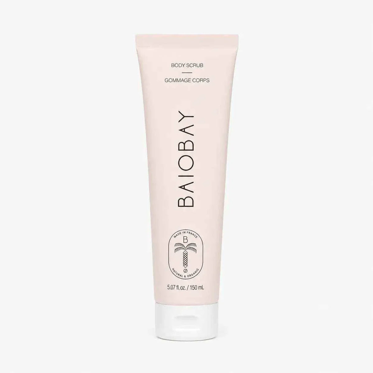 Baiobay Bodyscrub Coconut and Vegan in a pale pink tube with minimal black text and a white flip cap, body scrub product