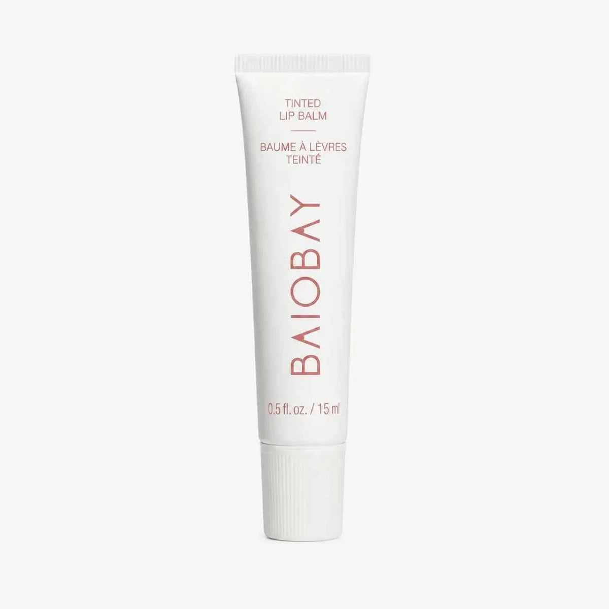 Baiobay Tinted LipBalm in a white tube with minimalist red text, 0.5 fl. oz. size, lightweight tinted lip balm packaging