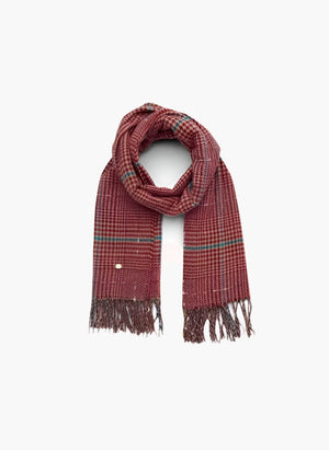 Liet & Joliet Scarf Rachel in red plaid pattern, 100% polyester, size 180cm x 65cm.