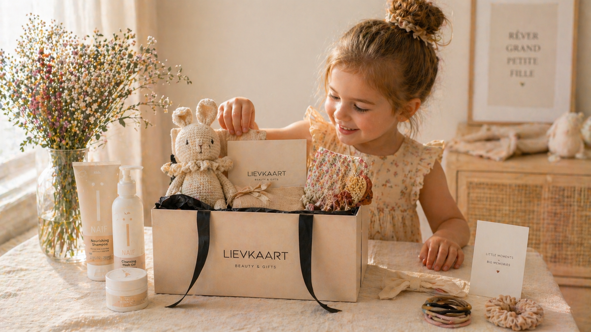 Baby Gifts box featuring a cream knitted bunny toy, floral fabric pouches, skincare products, and hair scrunchies on a table with a smiling child