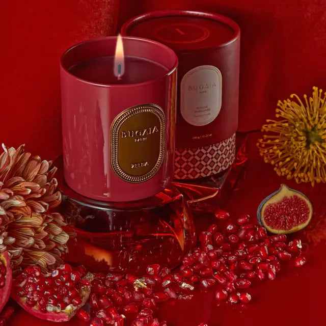 Bugaia high-quality fragrances scented candles with elegant Art Deco design and natural woody floral amber notes