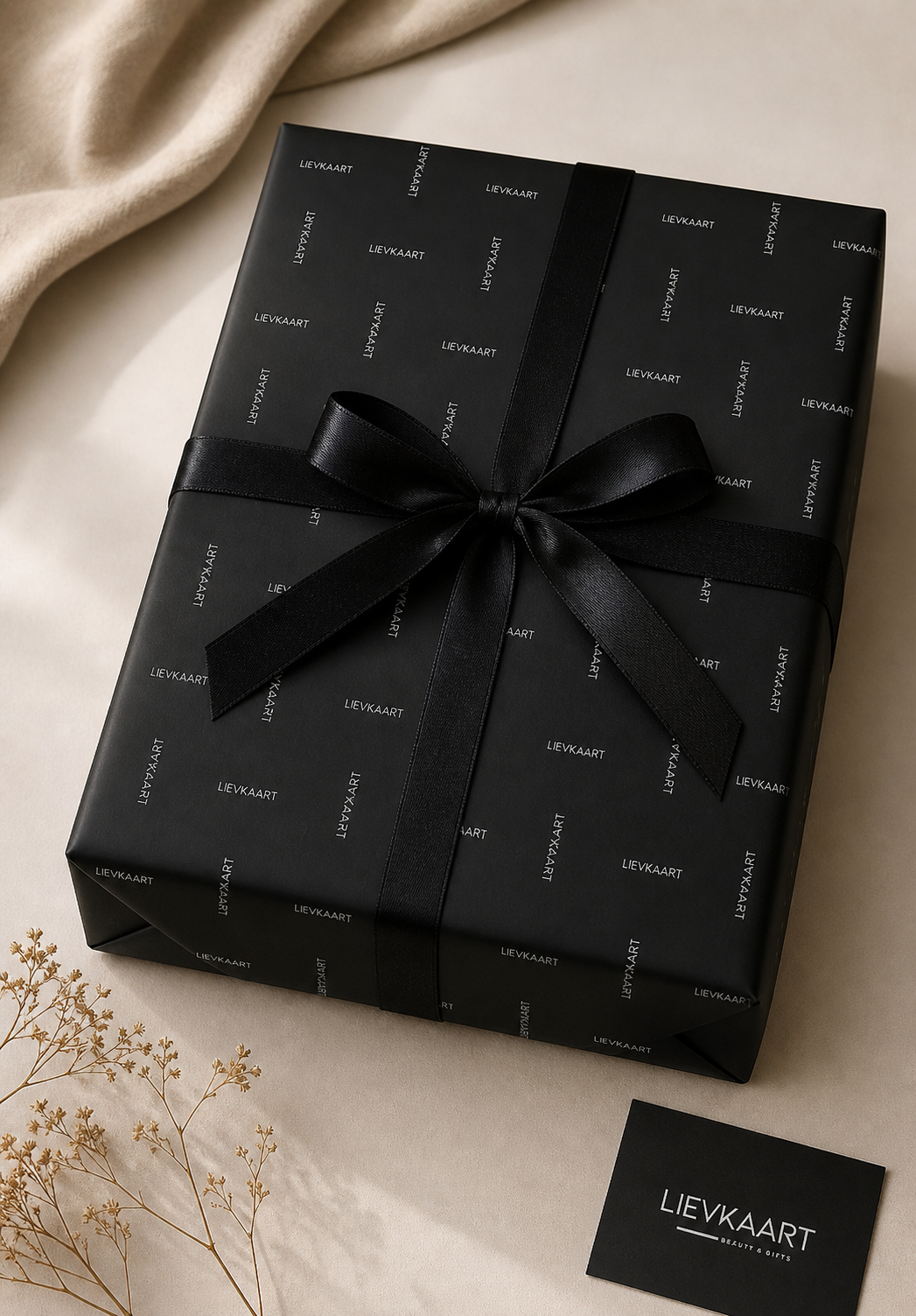 Giftsets wrapped in black paper with white text pattern and tied with a black satin ribbon bow on beige fabric