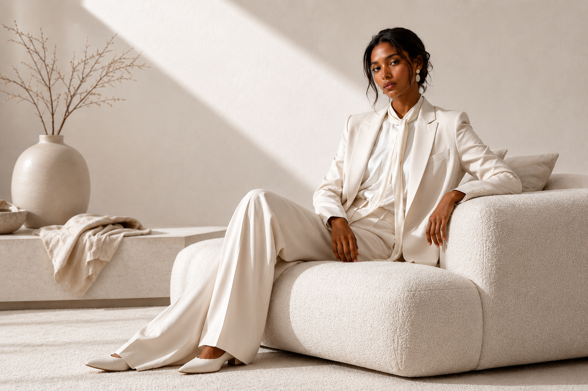 Home & Lifestyle woman in cream suit sitting on modern textured beige sofa with neutral decor and ceramic vase