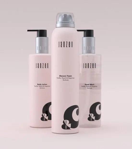 Janzen RoomSpray Vanilla, Peach & Happiness bottle with spray trigger.