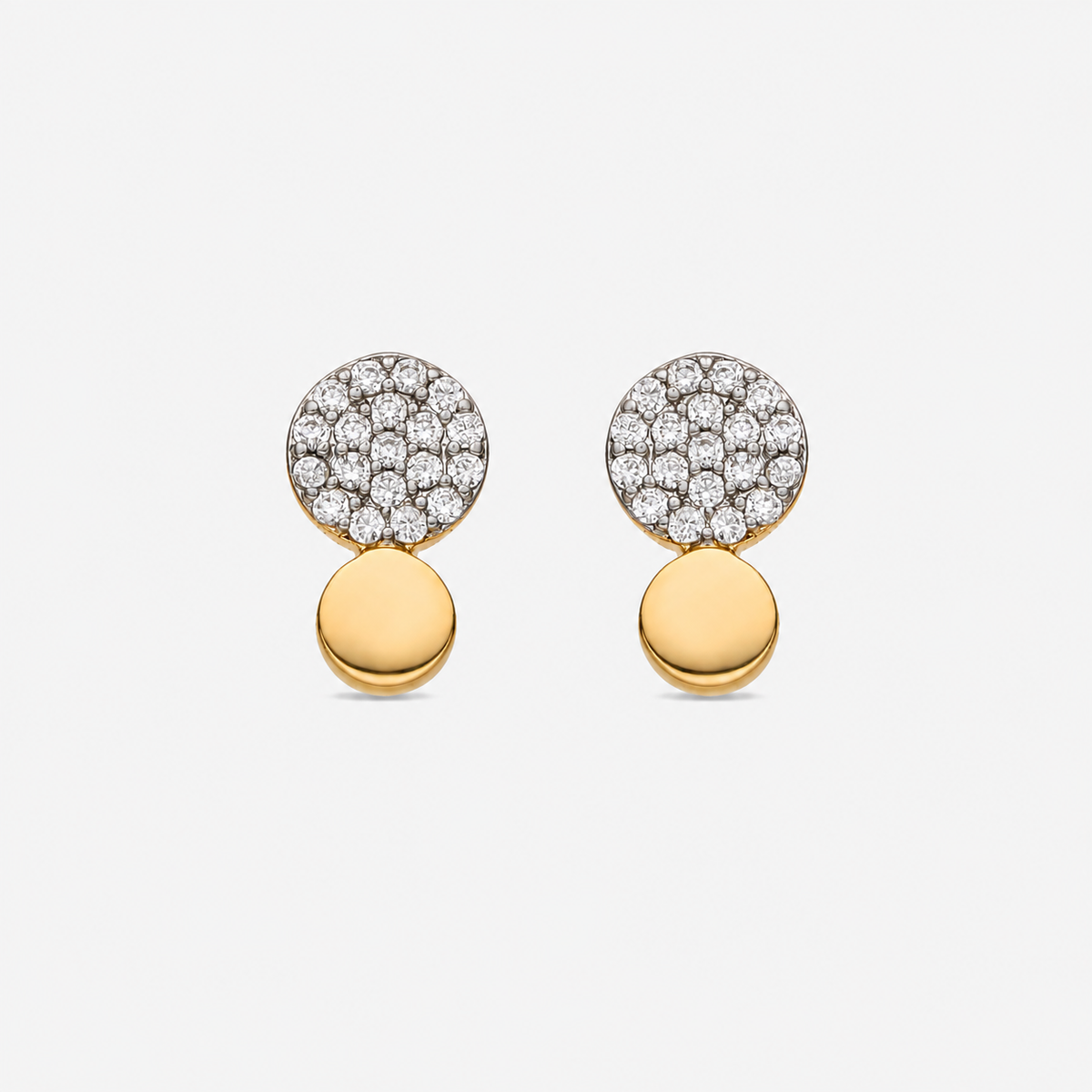 A pair of gold and diamond stud earrings featuring a pavé 