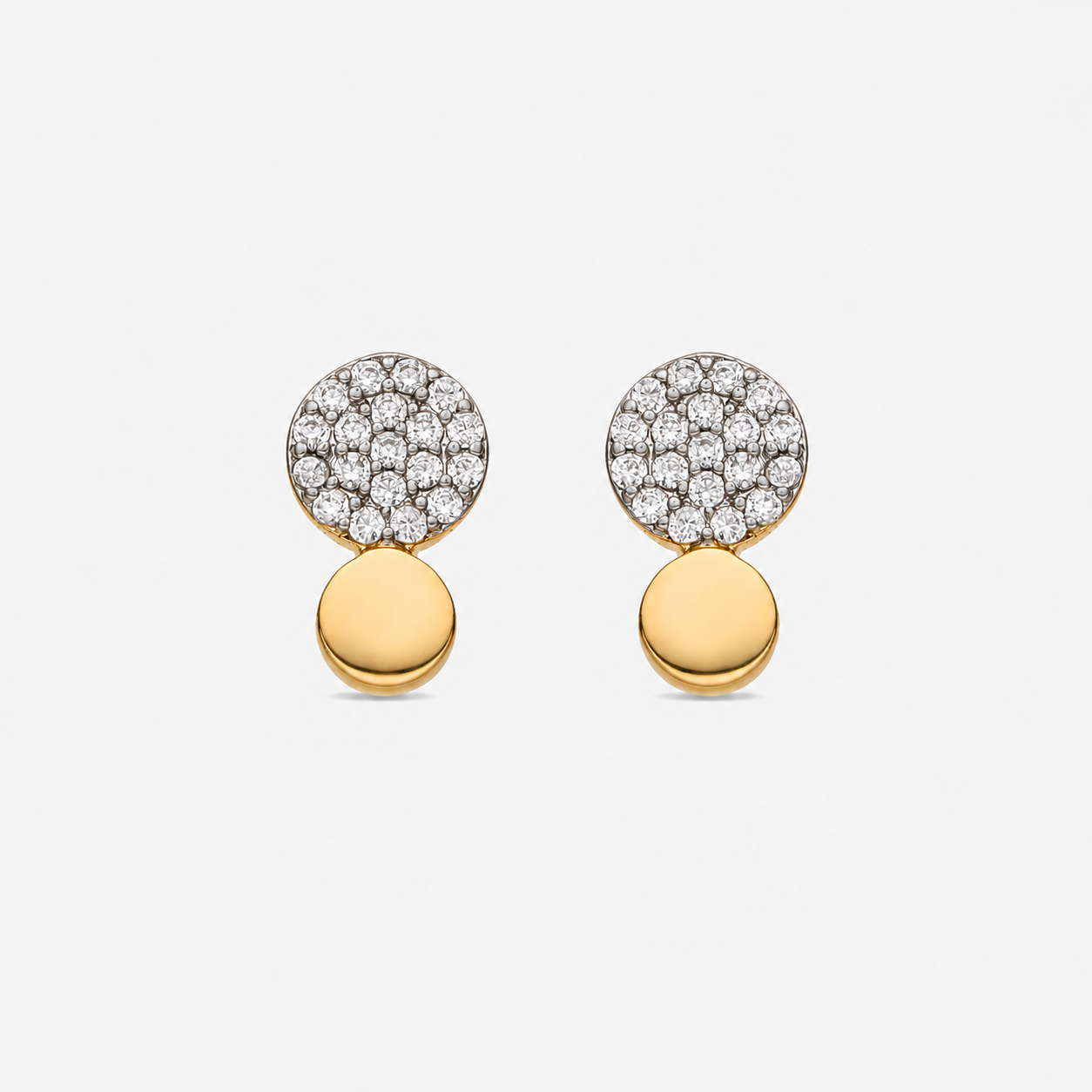 A pair of gold and diamond stud earrings featuring a pavé 