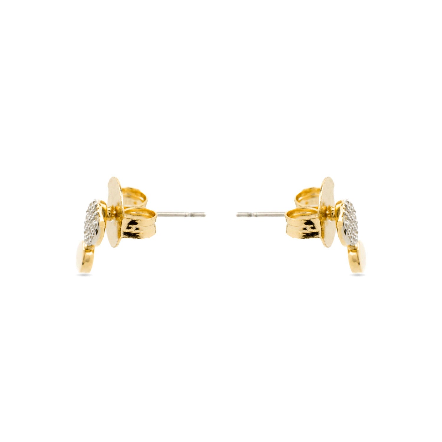 A pair of gold stud earrings shown from the back, featuring a small gold disc with a row of clear stones on one side and a gold disc on the other,