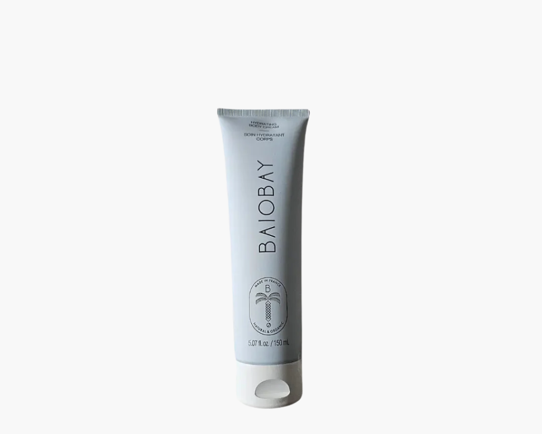 Baiobay Hydrating Body Cream tube with coconut oil and aloe vera for soft, smooth, radiant skin.