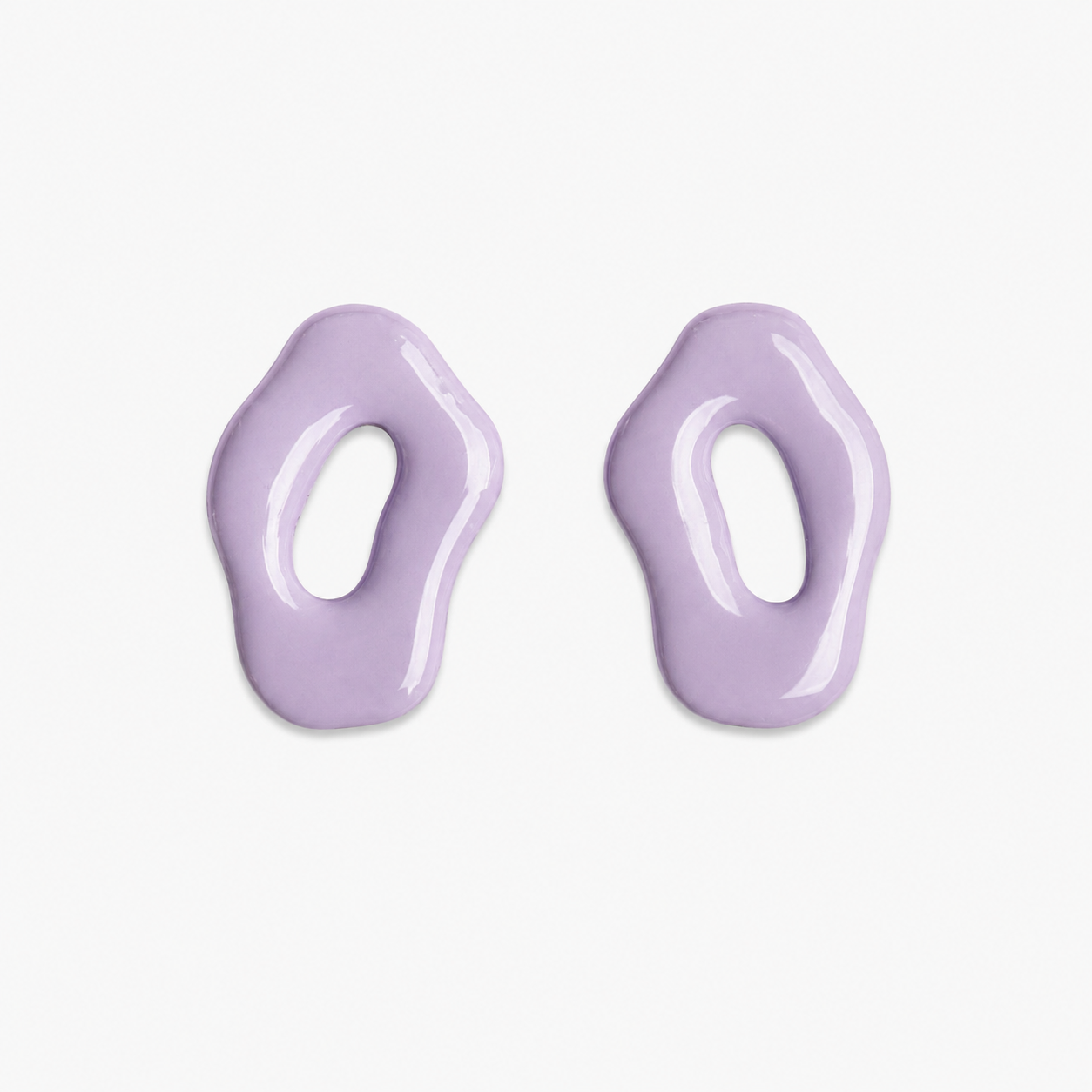 A pair of organic-shaped, glossy lavender purple earrings with a central cutout, displayed on a clean off-white background.