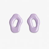 A pair of organic-shaped, glossy lavender purple earrings with a central cutout, displayed on a clean off-white background.