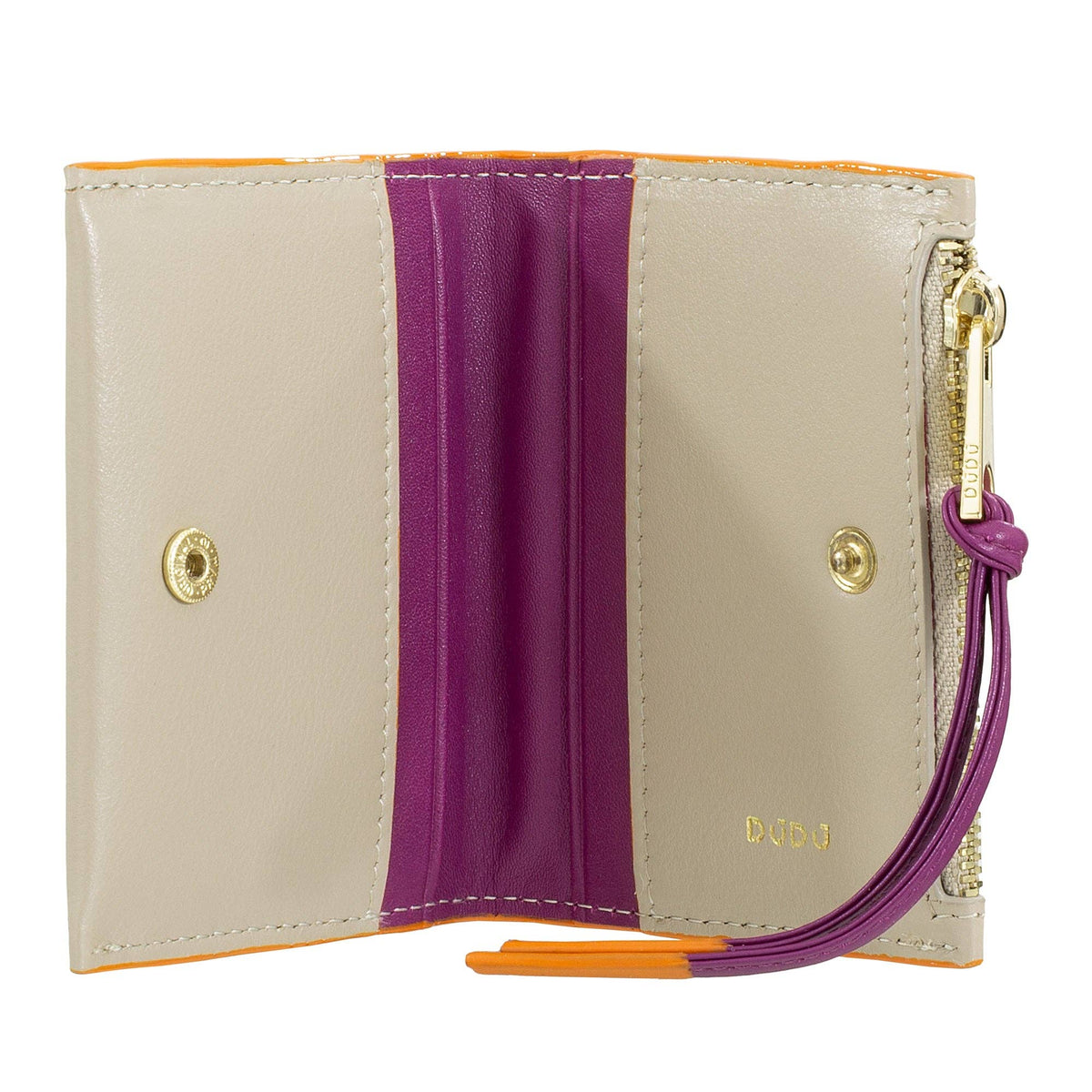 Compact DuDu® beige leather wallet designed for practical storage with an elegant minimalist style