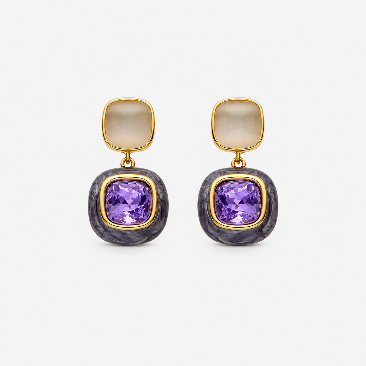   Xumas earrings featuring amethyst zirconia with an elegant 18K gold finish for sophisticated jewellery styling