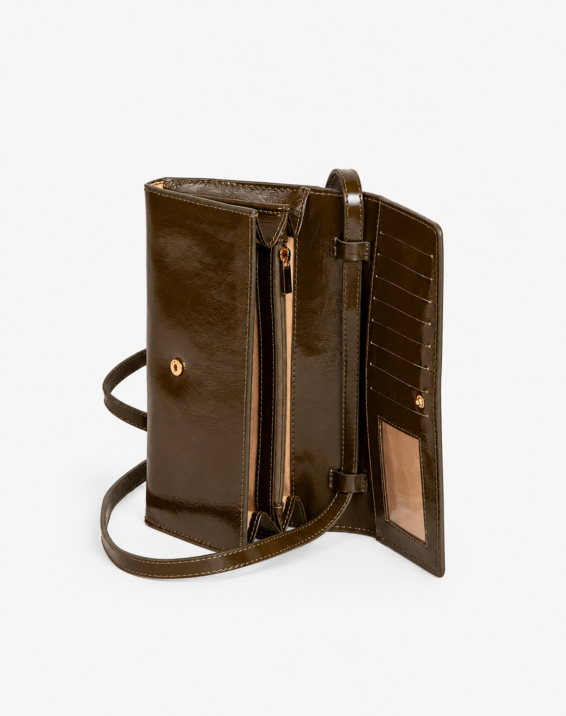  Gina khaki patent leather mini bag featuring a compact crossbody design and elegant contemporary style
