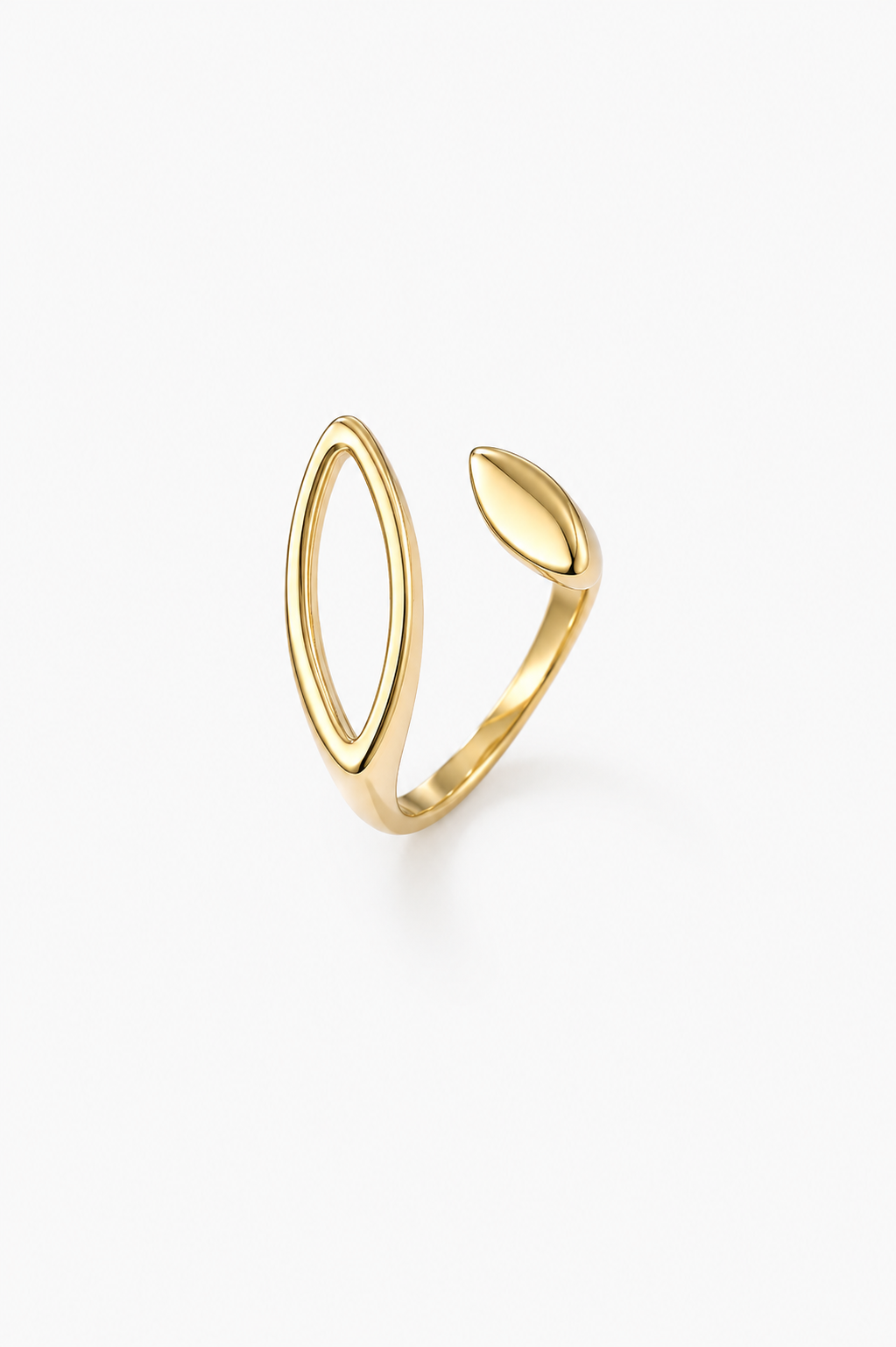 Gold open ring with a leaf design on a white background
