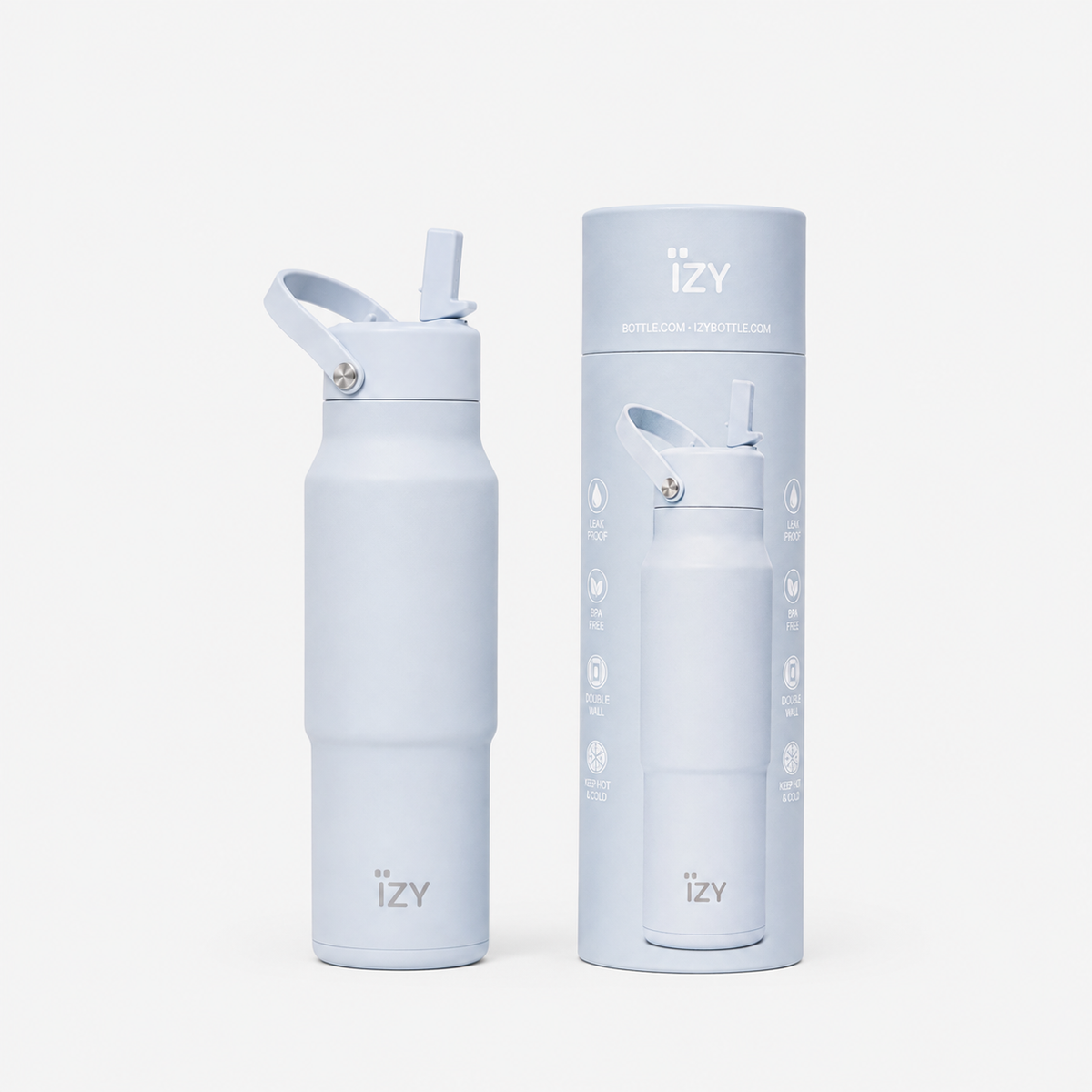 IZY azure blue insulated water bottle with a reusable design for travel, work and everyday hydration