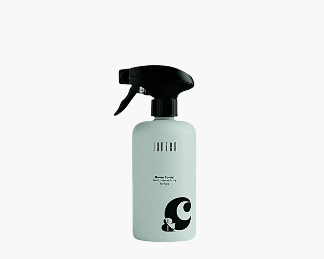Janzen Room Spray &C Musk Jasmine & Joy bottle on white background.