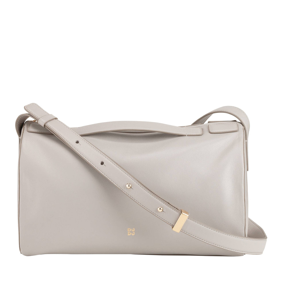 Large pearl grey leather shoulder bag for women, combining elegant design with everyday functionality