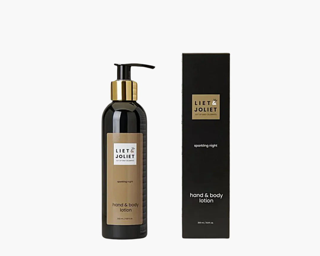 Liet & Joliet Sparkling Night Hand & Body Lotion bottle next to its packaging, 200ml size.