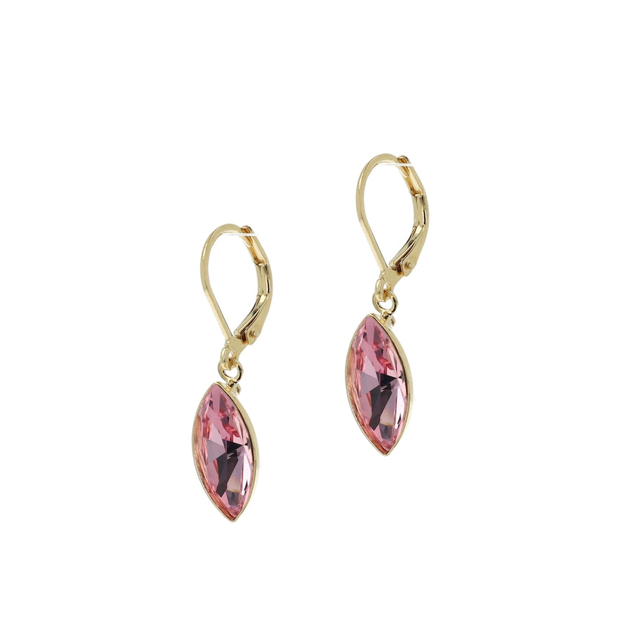 Pink crystal earrings with gold hooks on a white background