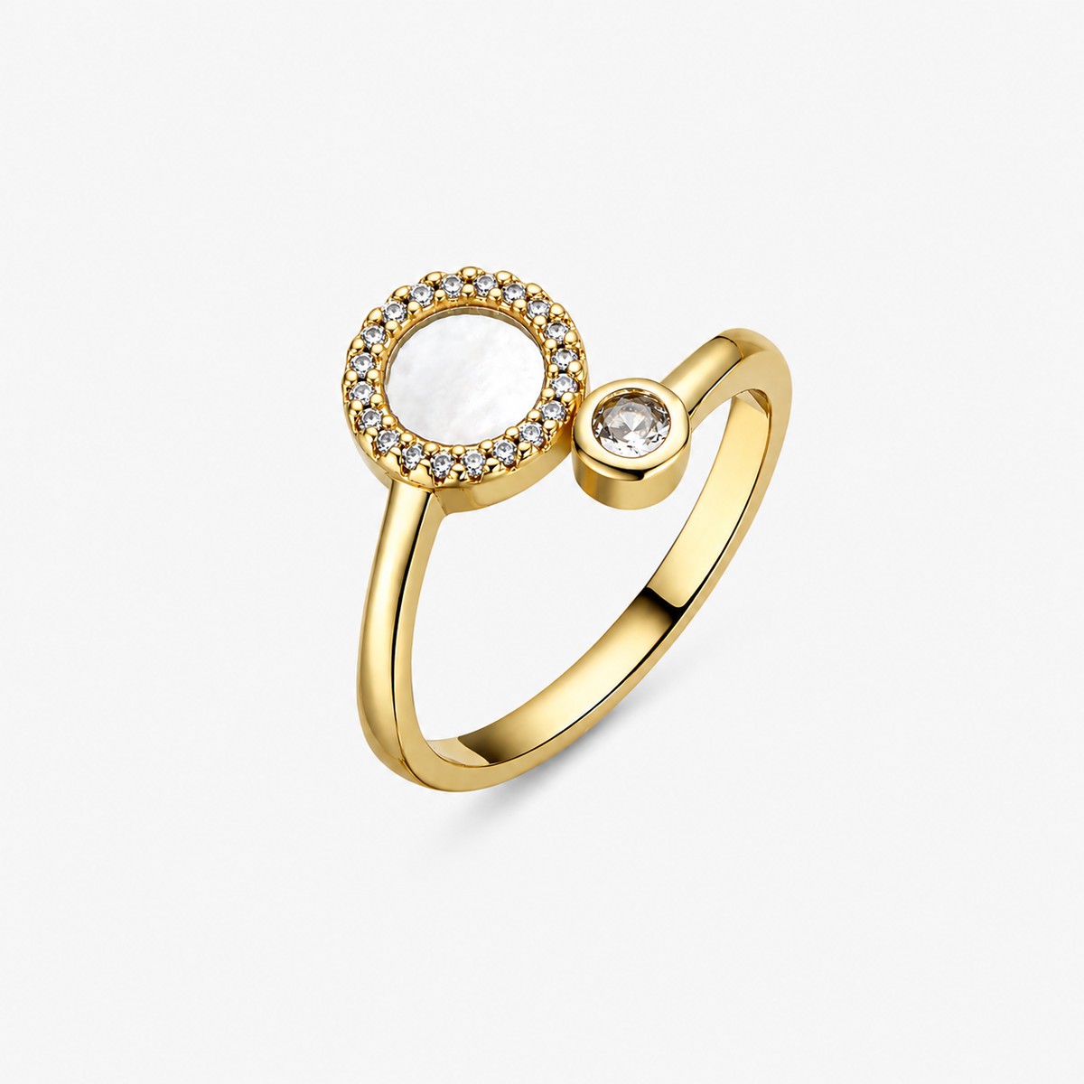 Sophisticated white mother-of-pearl ring with elegant 18K yellow gold accents for everyday and occasion styling