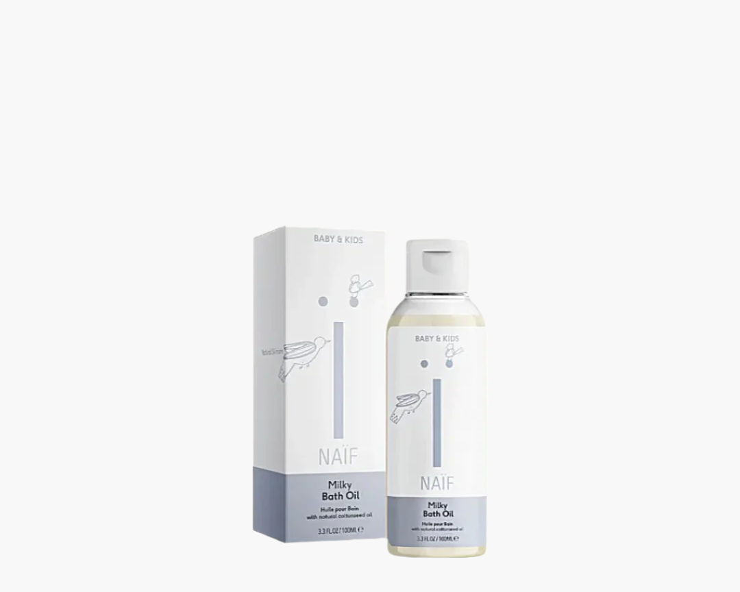 Naïf Milky Bath Oil for Baby & Kids, vegan bath oil with natural ingredients, 100ml bottle and packaging.