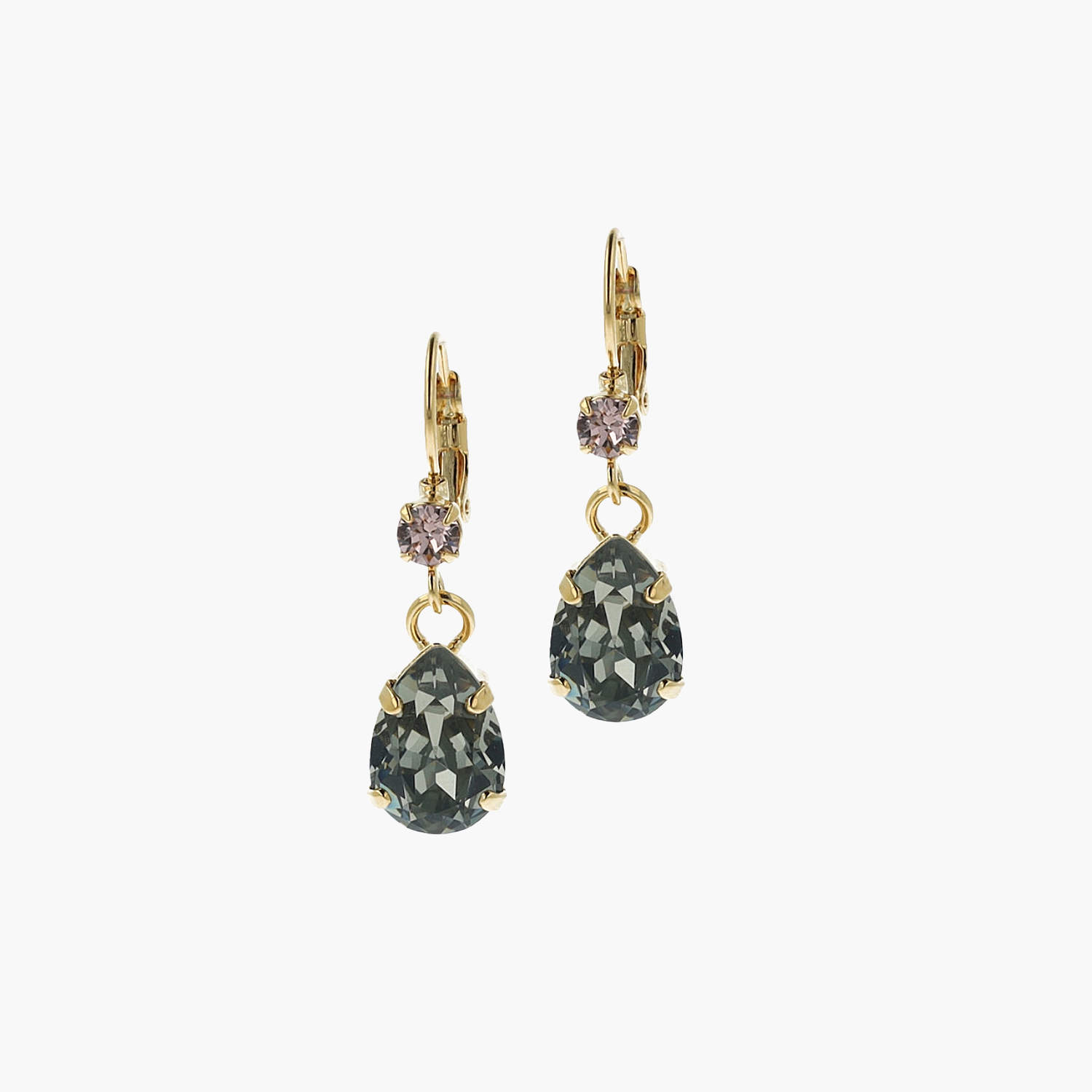 Pair of gold earrings with green teardrop-shaped gemstones on a white background