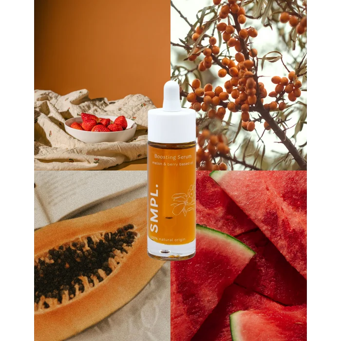 SMPL boosting serum bottle surrounded by fruits and nature elements on a split background